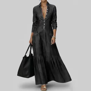 Elegant retro charcoal denim maxi dress with long sleeves and tiered skirt for women