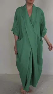 Casual green linen robe dress with V-neck and functional large side pockets for women.