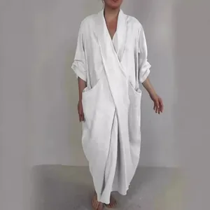 Women Linen Cotton Blend Robe Dress V-Neck Oversized Maxi Dress With Large Pockets Solid Color Split Hem Summer Autumn Streetwear