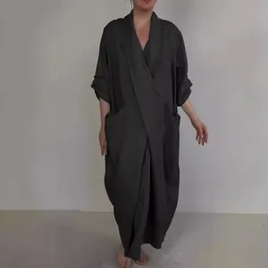 Premium oversized dark grey linen robe dress with V-neck and functional large pockets