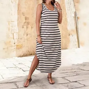 Elegant sleeveless black and white striped maxi dress for summer beach vacation style