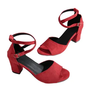 Elegant red suede chunky high heel sandals featuring adjustable ankle strap and peep toe design