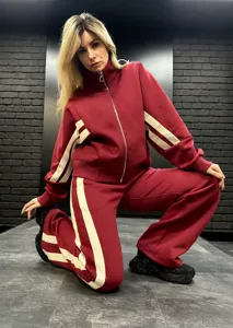 Y2K Striped Zip-Up Tracksuit Women Burgundy Casual Sportswear Long Sleeve Two-Piece Set
