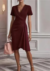 Elegant burgundy V-neck midi dress with ruched waist detail and chic short sleeves