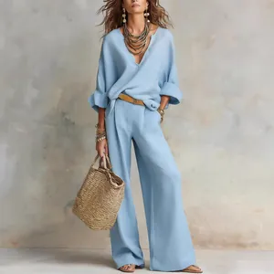 Women Casual Two Piece Set V Neck Long Sleeve Loose Top And Wide Leg Pants Vacation Outfit