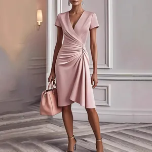 Elegant pink short sleeve V-neck ruched dress with slim fit design for women's party fashion