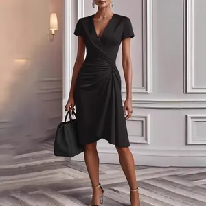 Elegant black V-neck short sleeve dress with ruched waist for sophisticated evening style