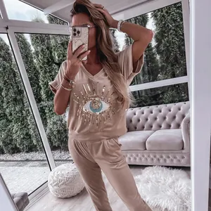 Women's Casual Two Piece Set Evil Eye Sequin Embroidered V-Neck Short Sleeve Top And Bottom Pants Set Polyester Cotton Outfit