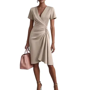 Elegant beige V-neck short sleeve wrap dress with ruched waist detail for women