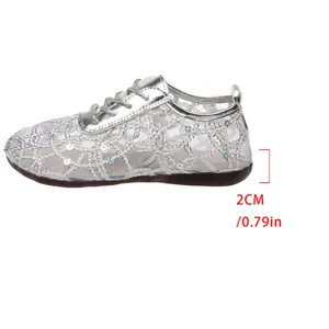 Silver women's lace mesh flat shoes featuring 2cm heel height and sequin details