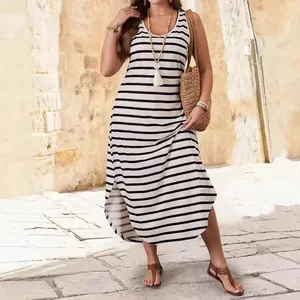 Casual black and white striped sleeveless maxi dress with side slits for summer