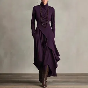 Vestido Largo Cruzado de Manga Larga para Mujer Elegante Cuello Alto Frente Cruzado Dobladillo Irregular de Punto Bodycon Otoño Invierno Color Sólido