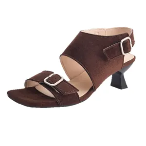 Brown suede mule sandals with square toe and sculptural wine glass heel
