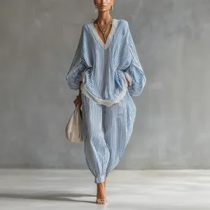 Women Blue White Striped Top And Bottom Set Lace Trim V Neck Lantern Sleeve Wide Leg Pants Loose Bohemian Casual Suit