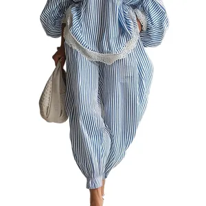 Elegant blue and white striped two-piece set with delicate lace trim for women fashion
