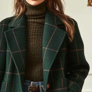 Vintage dark green plaid woolen coat with lapel collar for women, elegant winter outerwear.