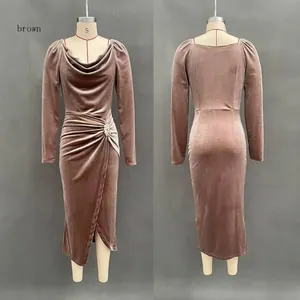 Elegant brown velvet long sleeve dress with ruched detail and split hem side view