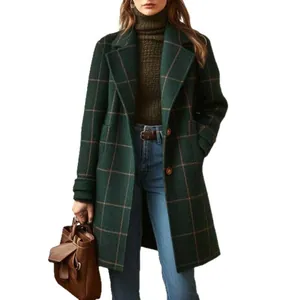 Elegant dark green plaid mid-length woolen coat with classic lapel for autumn and winter