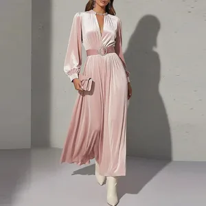 Women Elegant Puff Sleeve Pleated Velvet Midi Dress High Waist V Neck Solid Color Dusty Pink Dress With Belt Party Night