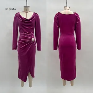 Elegant magenta long-sleeve velvet dress with ruched waist and front slit detail