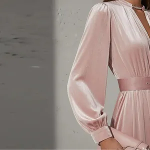 Elegant dusty pink velvet puff sleeve pleated midi dress for women's formal party wear