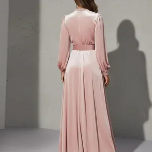 Elegant pink puff sleeve pleated maxi dress with velvet texture for stylish women