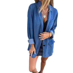 Chaqueta tipo blazer de mezclilla casual de corte holgado con solapa para mujer