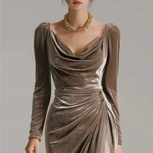 Close-up detail of the elegant ruched bodice and luxurious texture of this velvet dress
