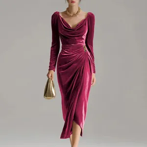 Elegant magenta velvet ruched evening dress with long sleeves and side slit detail