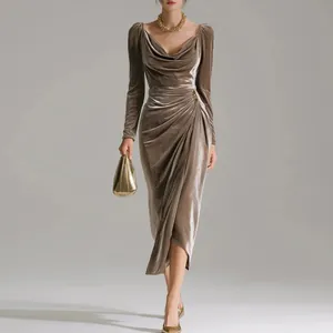 Elegant taupe ruched long sleeve velvet bodycon evening dress with high slit and drape