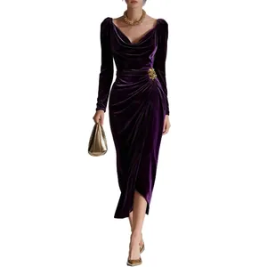 Elegant purple velvet long sleeve ruched slit maxi dress for party and evening events