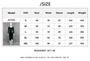 Size chart for 2025 elegant long sleeve velvet bodycon maxi dress with side slit