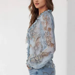 Elegant long-sleeved tie-dye print ruffle blouse with a slim fit design for women's fashion