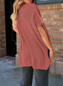 Rear view of a casual loose-fit terracotta pink knitted short sleeve T-shirt for women.