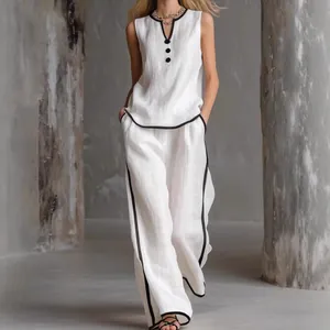 Completo Donna Elegante Senza Maniche Scollo a V con Bordo a Contrasto Top And Bottom Set Casual Pantaloni a Gamba Larga Estate