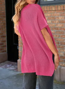 Casual pink short sleeve knit T-shirt for women featuring a relaxed drop shoulder fit