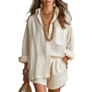 Ensemble deux pièces chemise et short en lin blanc pour femme style bohème chic