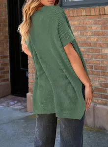 Detailed back view of green ribbed knit short sleeve pullover t-shirt for women casual style