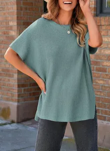 Casual sage green ribbed knit short sleeve top with a drop shoulder design for women