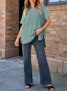 Casual sage green knit crew neck T-shirt featuring drop shoulders and relaxed loose fit