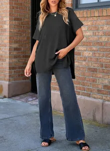 Women's casual loose black ribbed knit t-shirt with crew neck and drop shoulders