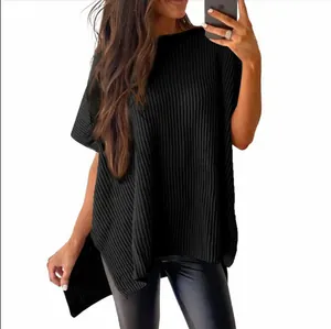 Casual loose fit black ribbed knitted short sleeve t-shirt for women with crew neck
