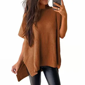 Women's casual brown ribbed knit T-shirt with crew neck and loose drop shoulder design