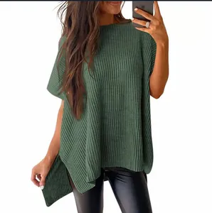 Stylish loose fit green knit short sleeve T-shirt with round neck and side slits