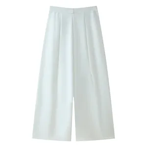 Elegant front view of high-waist white wide-leg trousers with minimalist pleat details