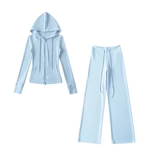 Detailed full view of light blue thermal yoga set featuring zip-up hoodie and wide-leg pants
