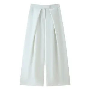 Elegant white wide-leg trousers featuring front pleats and premium draped fabric detail