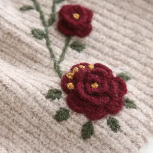 Close-up of red crochet flower embroidery on beige winter knitted accessory texture