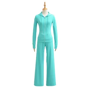 Turquoise dunne katoenen hoodie met rits en bijpassende wijde broek set voor dames
