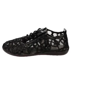 Elegant women's black lace mesh flat shoes with shimmering sequins and lace-up closure